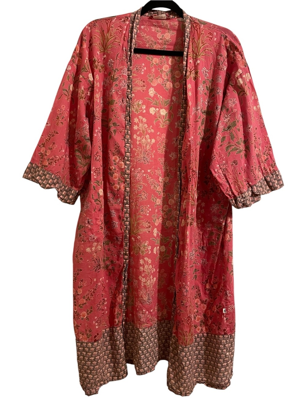 HANDPRINT Coral Pink Floral Cotton Kimono Robe Indie Boho Lightweight Fabric